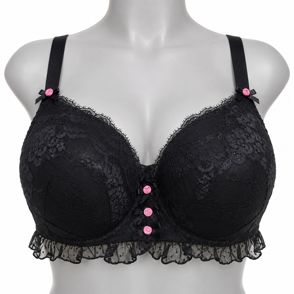 Cacique Boost Balconette Bra Black Lace Pink Rosette Ruffle Trim Underwire 42DDD